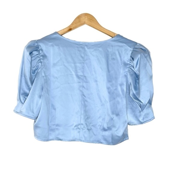 New Danielle Bernstein Powder Blue Satin Puff Sleeves Crop Top US XL - Picture 3 of 8